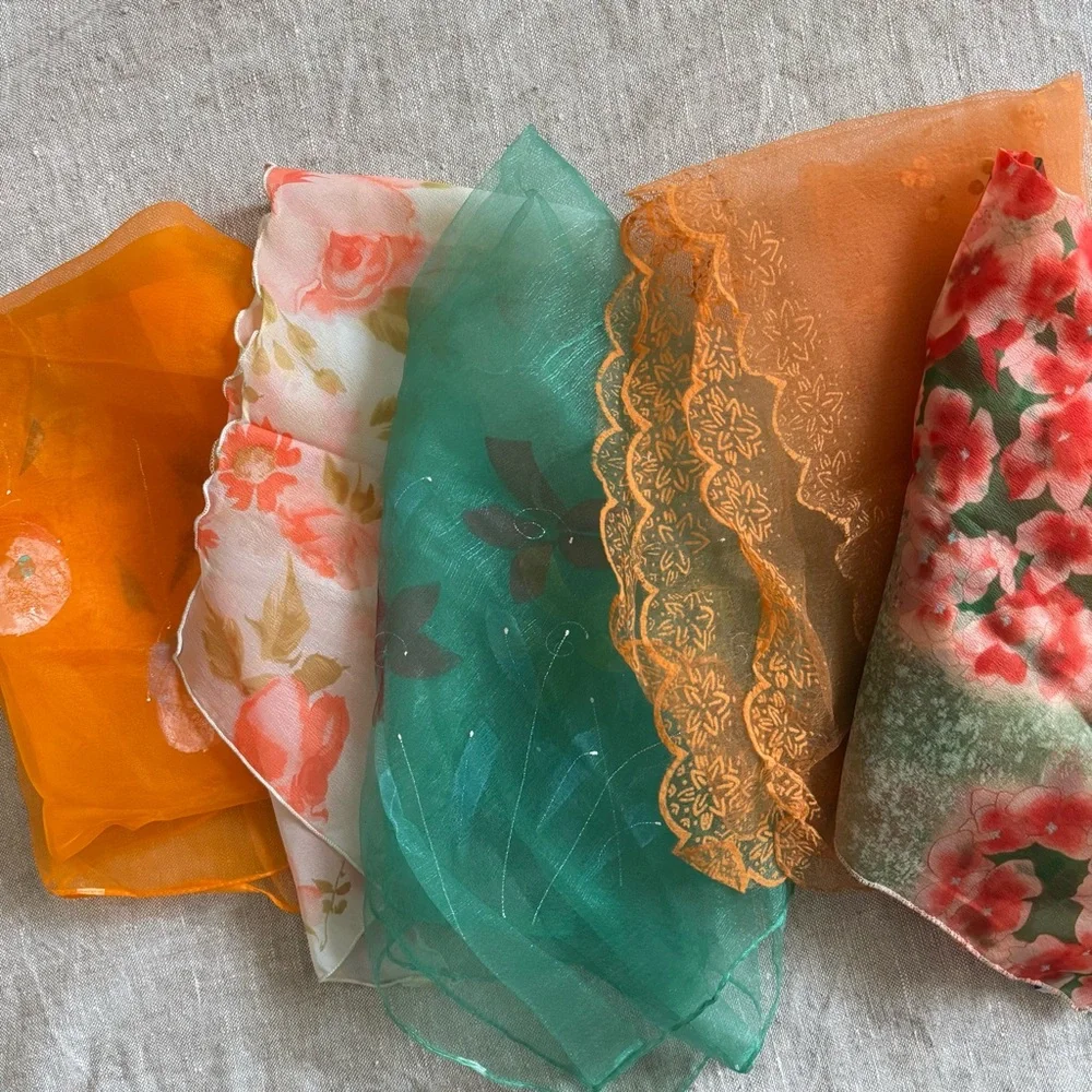vintage chiffon scarf lot orange & green - Picture 2 of 11
